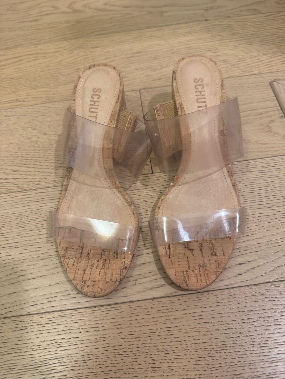 SCHUTZ Nude Cork Slide Mules with Clear Straps